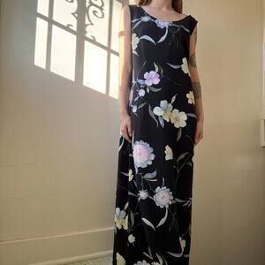 Vintage Dressbarn Navy Blue Floral Maxi Dress Bohemian Summer Women’s Size 8